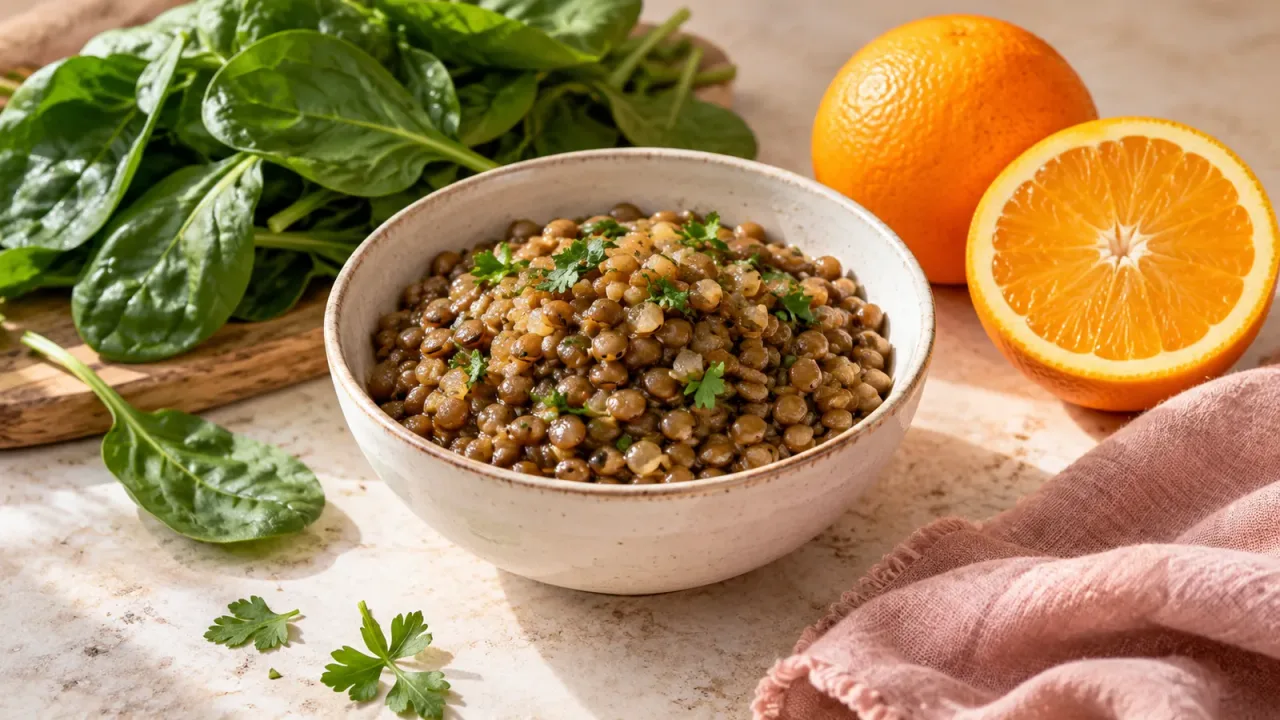 Tigela de lentilhas acompanhada de folhas verdes e laranja sobre uma mesa.