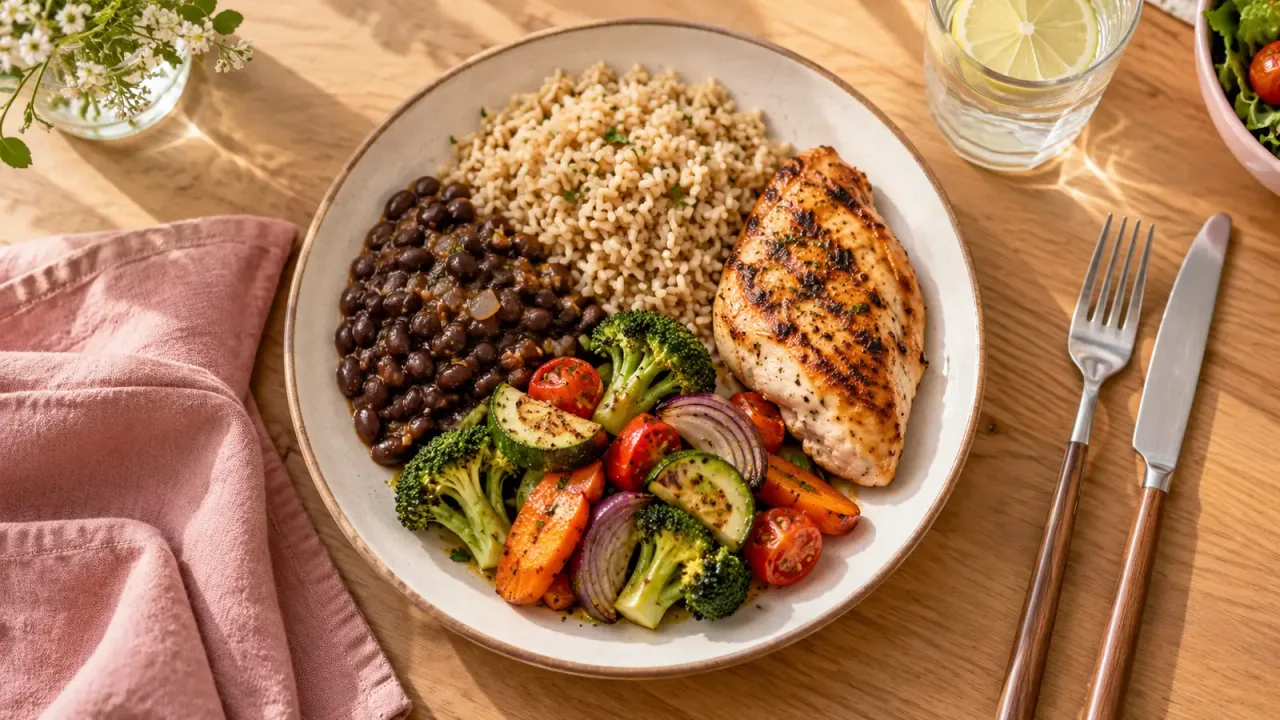 Prato com arroz integral, feijão, legumes e frango grelhado.