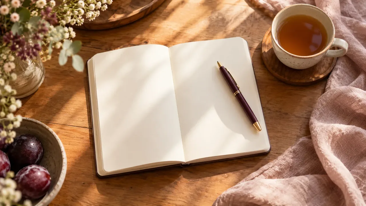 Caderno aberto e caneta ao lado de uma xícara de chá.