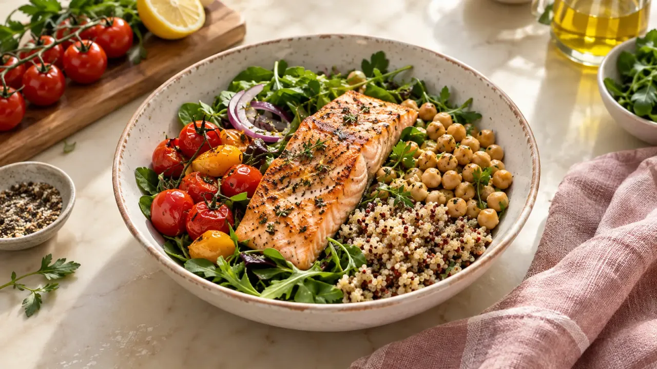 Refeição com salmão, grãos, folhas e legumes coloridos.