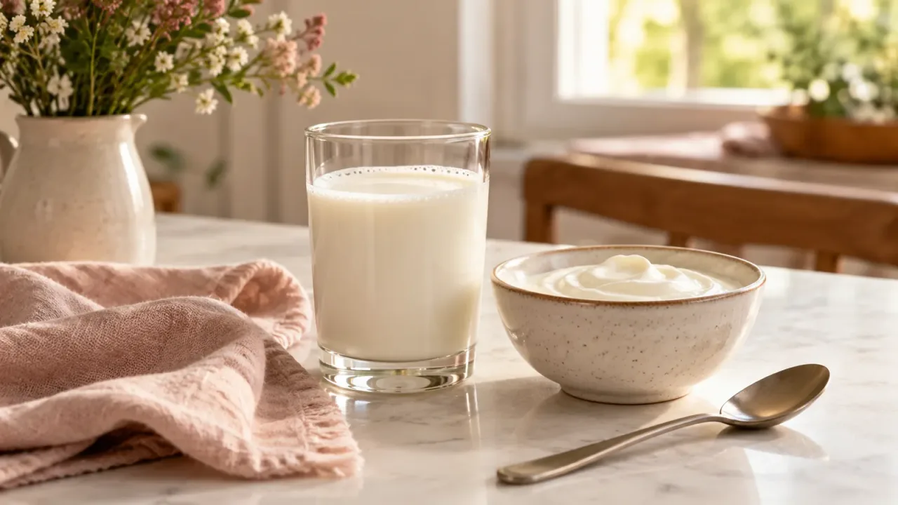 Copo de leite e tigela de iogurte natural sobre uma mesa clara.