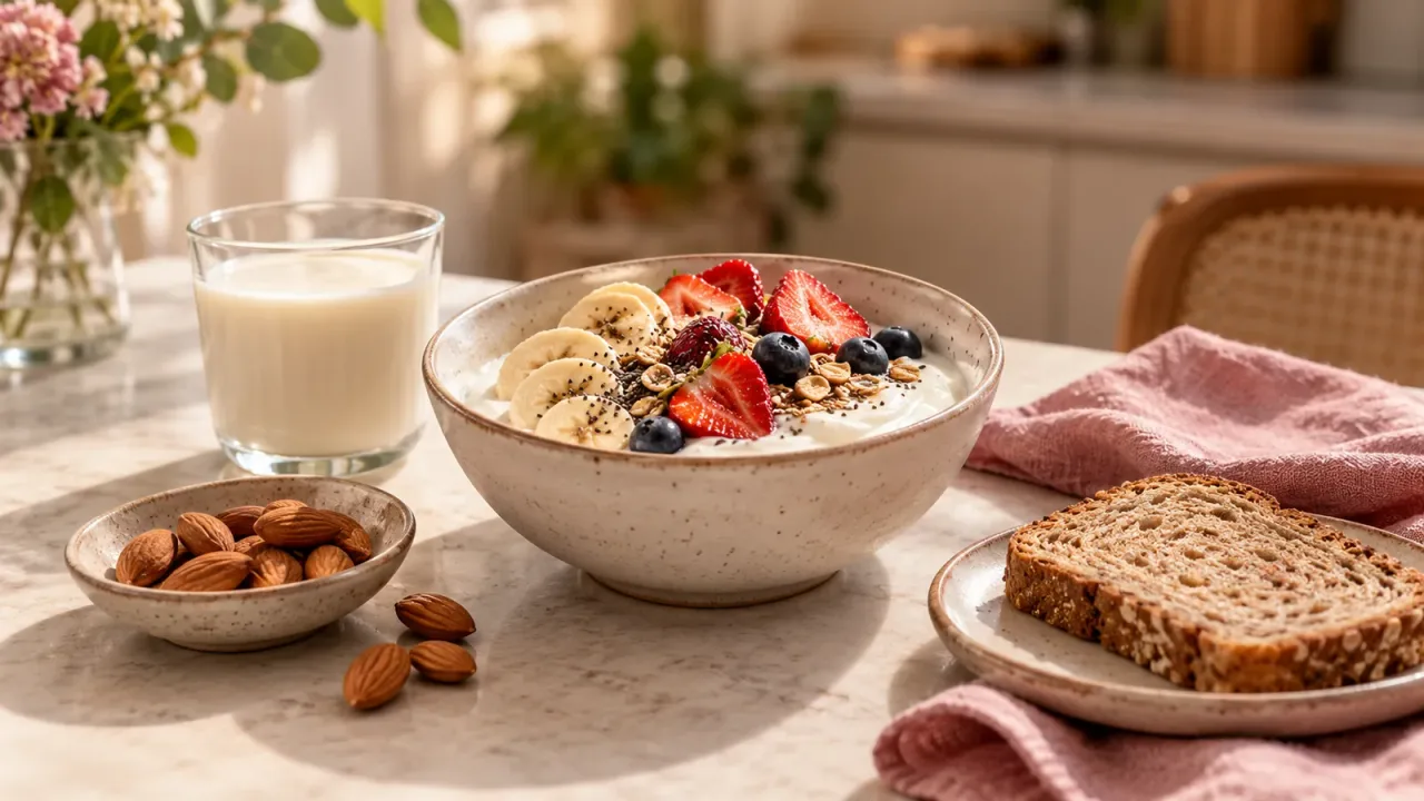 Iogurte com frutas, leite, amêndoas e pão integral em uma mesa de café da manhã.