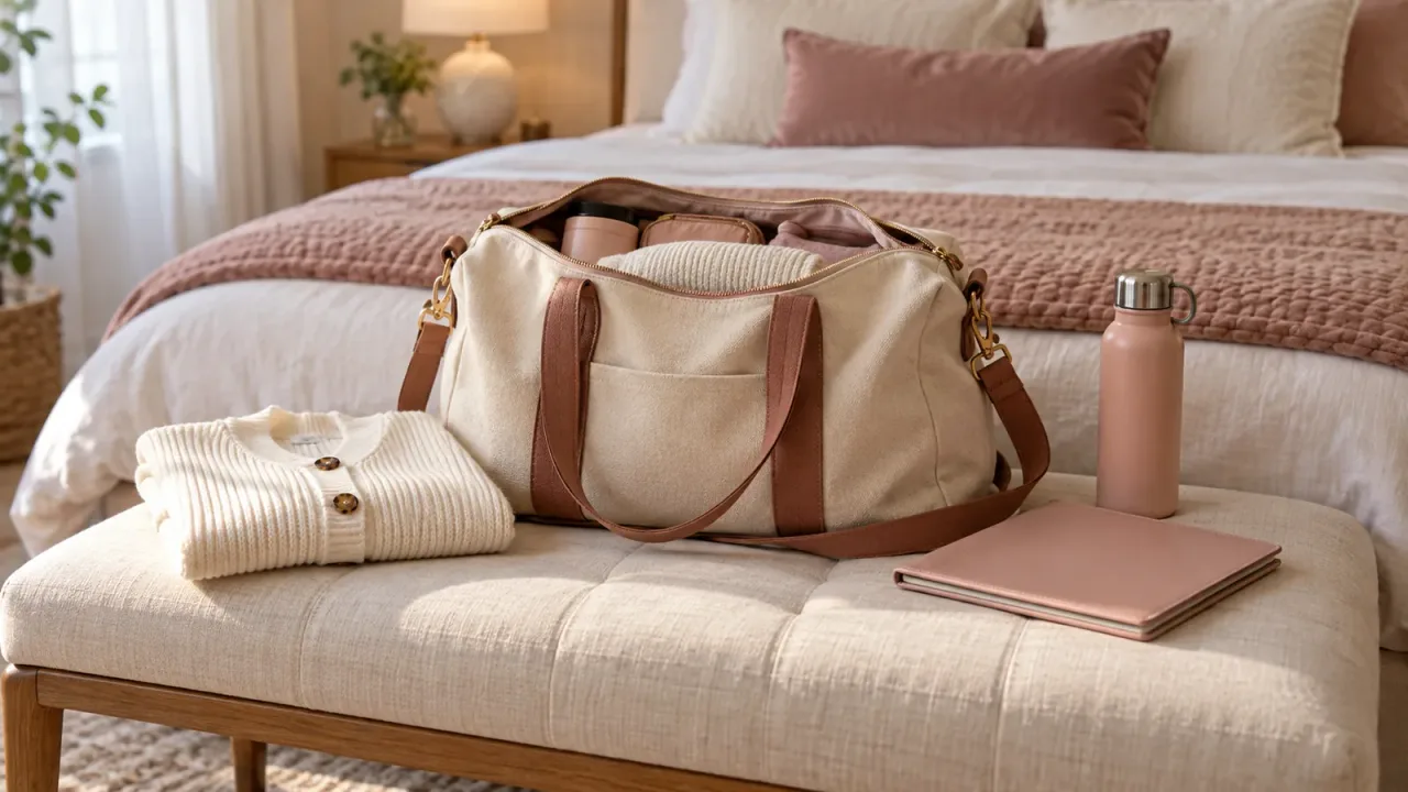 Bolsa com roupas, pasta de documentos e garrafa de água organizadas para uma saída.