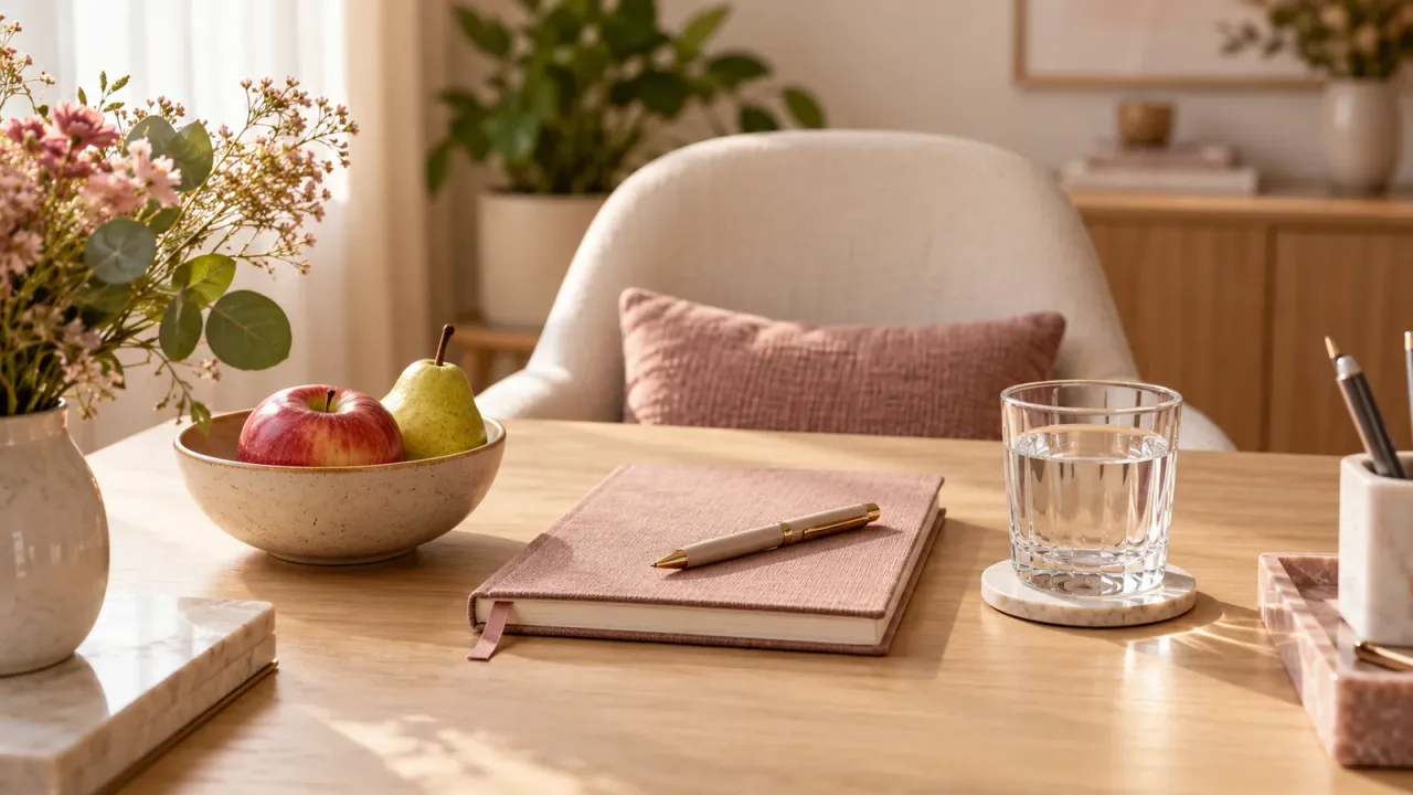 Mesa preparada com caderno, frutas e água em um ambiente acolhedor.