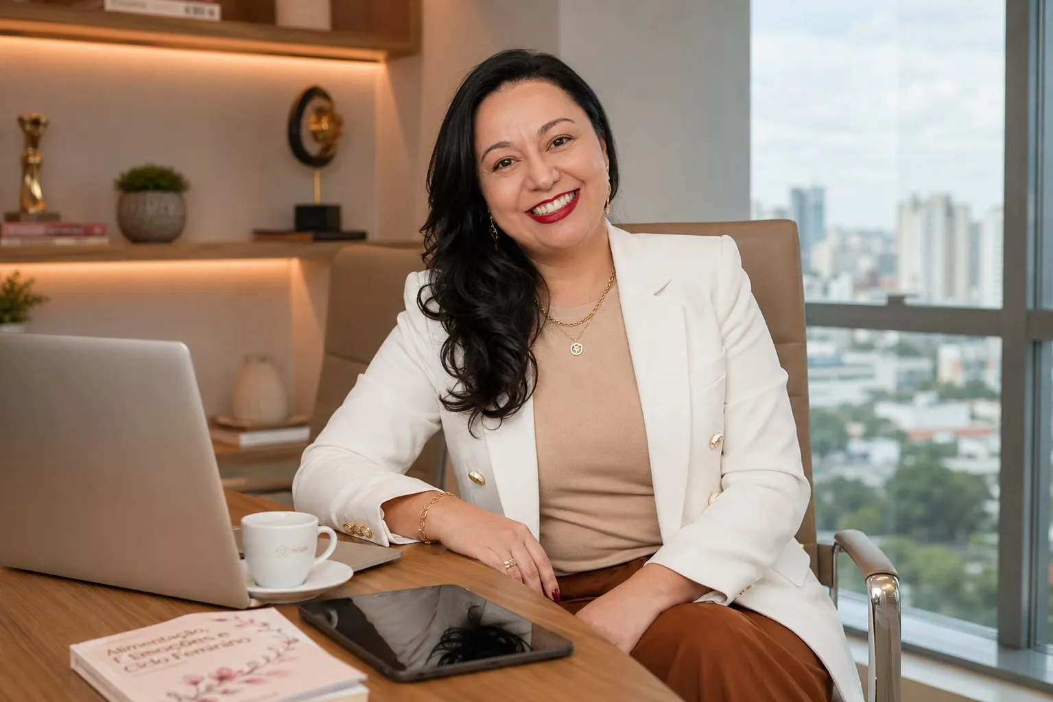 Wycisláudia Brandão no consultório, sorrindo, com um notebook